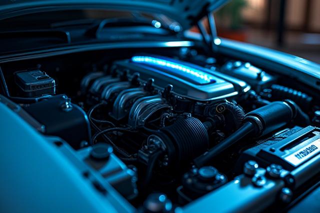 Motor eines leistungsoptimierten Sportwagens mit HydraCraft-Logo